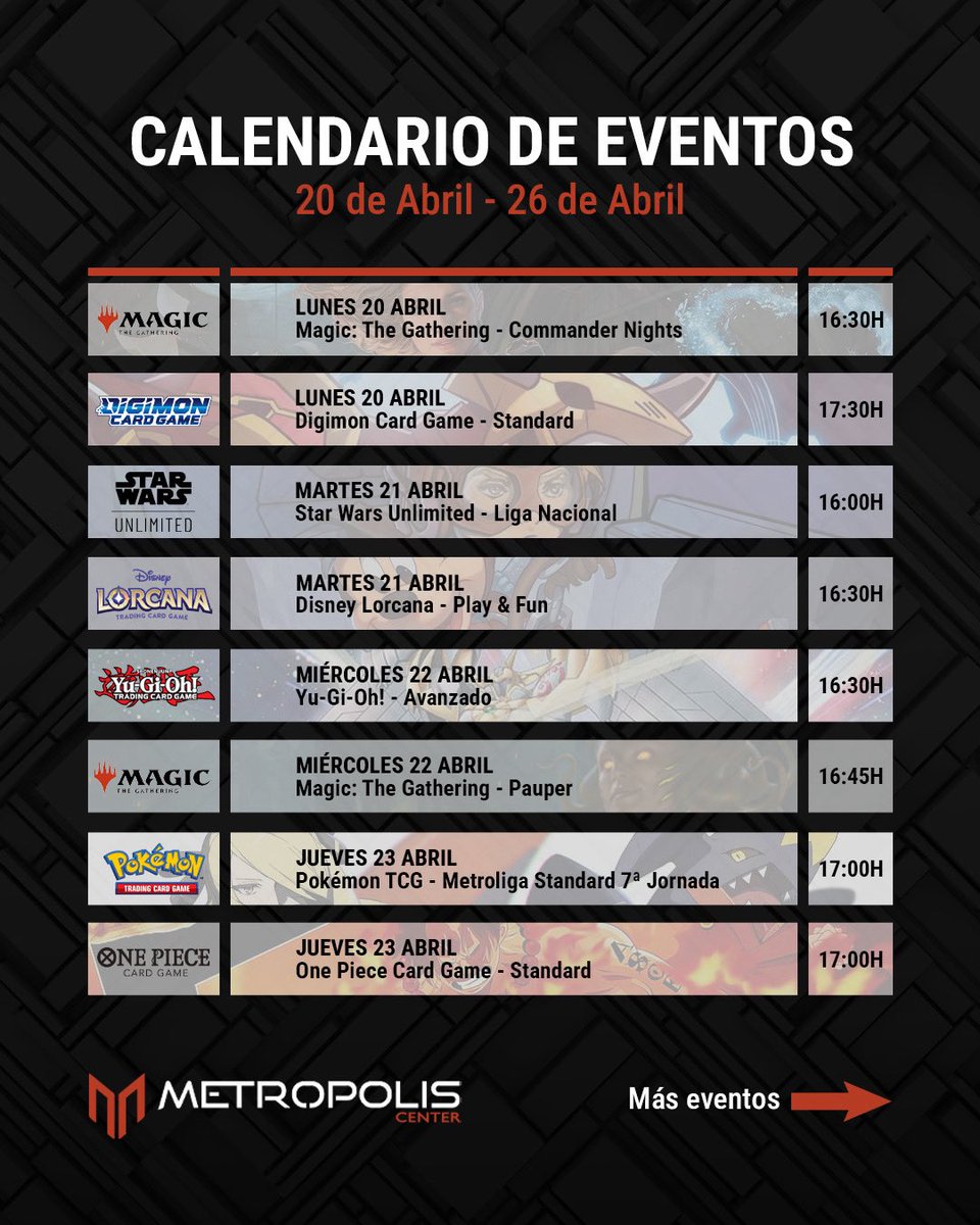 MetropolisCnter's tweet photo. 📅 Aquí tenéis el calendario de eventos semanal de #metropoliscenter
➡️ Desde eventos para principiantes hasta eventos claramente competitivos, donde destacamos la Metroliga Standard de Pokémon TCG, la cuarta jornada de las Metropolis Friday Night League de Pioneer, el RCQ de Magic, o el Summoner Skirmish de Riftbound.
📱 Más información e inscripciones en https://t.co/9gXUx48AhN
#tcg #pokemon #yugioh #MagicTheGathering