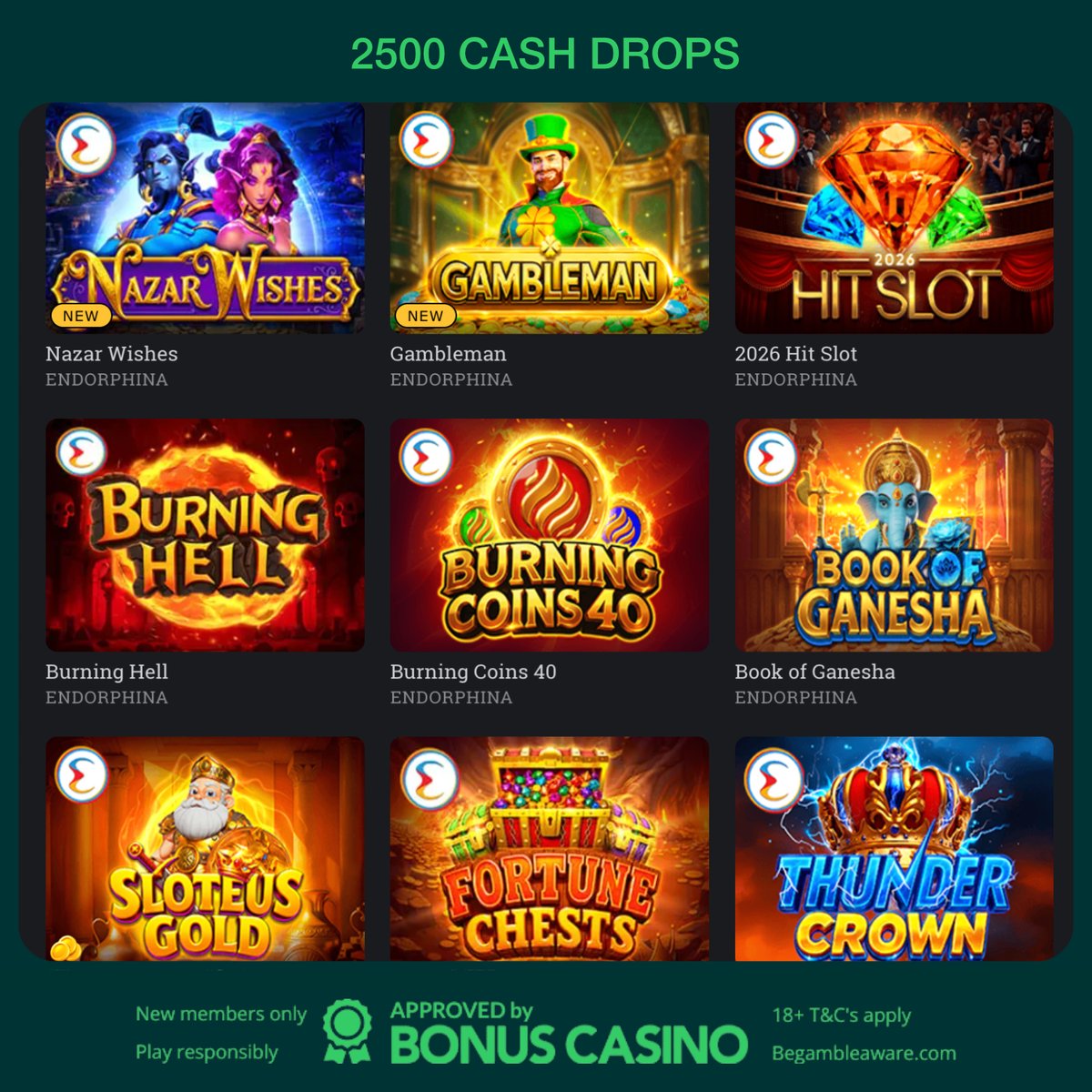 Endorphina makes a really good team with <a href="/bspincasino/">Bspin</a> Enjoy your share at the $25K random cash drops in the next months😍
bonuscasino.org/bonuses/gift-e…