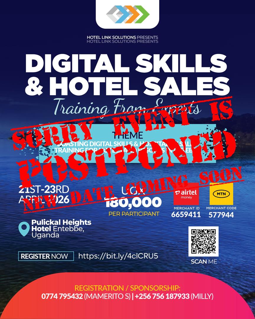 HLSUganda's tweet photo. ⚠️ Training Update

The Digital Skills &amp; Hotel Sales Training (Entebbe) is postponed.

New dates coming soon!

📌 Keep your spot or stay updated here: 👉https://t.co/vwt2hitBPu

#digitalskills #hospitality #hotels #resort #training #Entebbe #Accommodation #Uganda https://t.co/9EPy71XLTa