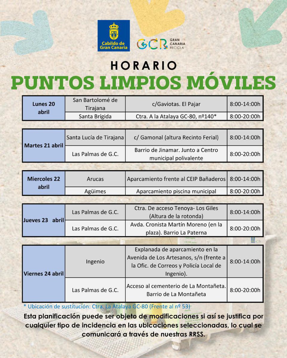 GranCanariaOIAC's tweet photo. ♻️ Compartimos los horarios y ubicaciones de los #puntoslimpios Móviles de #GranCanaria del 20 al 24 de abril de 2026

+info: https://t.co/HrI3eaP3HB

#GCRecicla #grancanaria #cabildodegrancanaria
@GranCanariaCab @GC_Recicla https://t.co/gdlh6mRU57