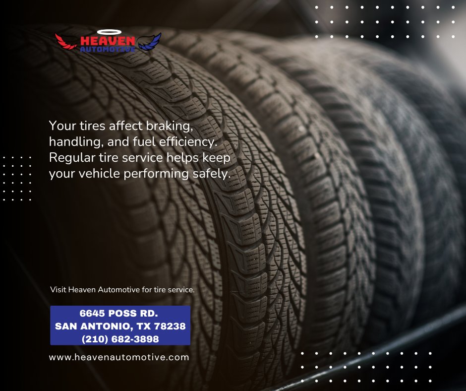 HeavenAutomotiv's tweet image. Your tires affect braking, handling, and fuel efficiency. Regular tire service helps keep your vehicle performing safely. Visit Heaven Automotive for tire service. #TireCare #VehicleSafety rfr.bz/t07d631