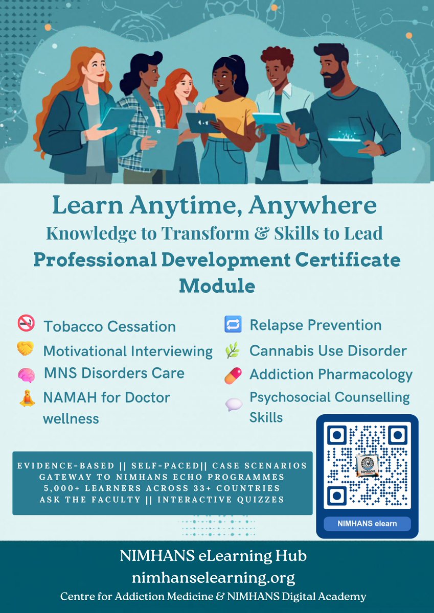 NIMHANS_BLR's tweet image. The NIMHANS eLearning Hub offers Professional Development Certificate Modules for flexible, evidence-based learning in addiction medicine &amp;amp; mental health.

Explore now: nimhanselearning.org

#AddictionMedicine #MentalHealth #eLearning #NIMHANS #ProfessionalDevelopment