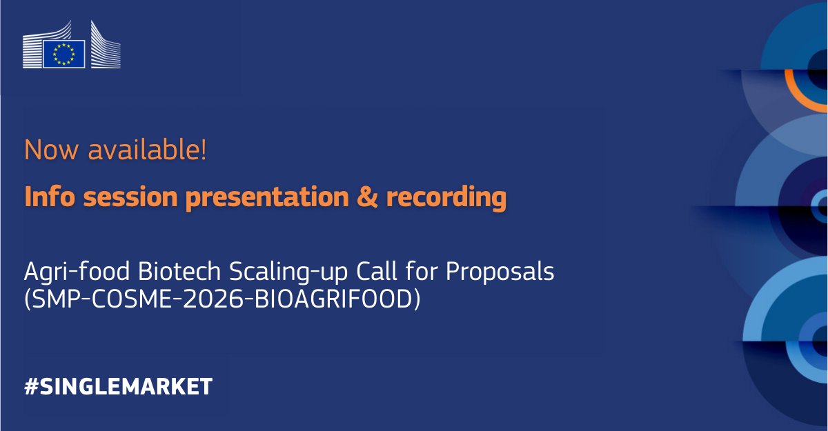 EU_EISMEA's tweet image. 🌾 The #SingleMarket call “Agri-food Biotech Scaling-up” is open till 2 June!

In case you missed our info session, the recording and presentation are available.

📹 Check them here: link.europa.eu/MT8KGF