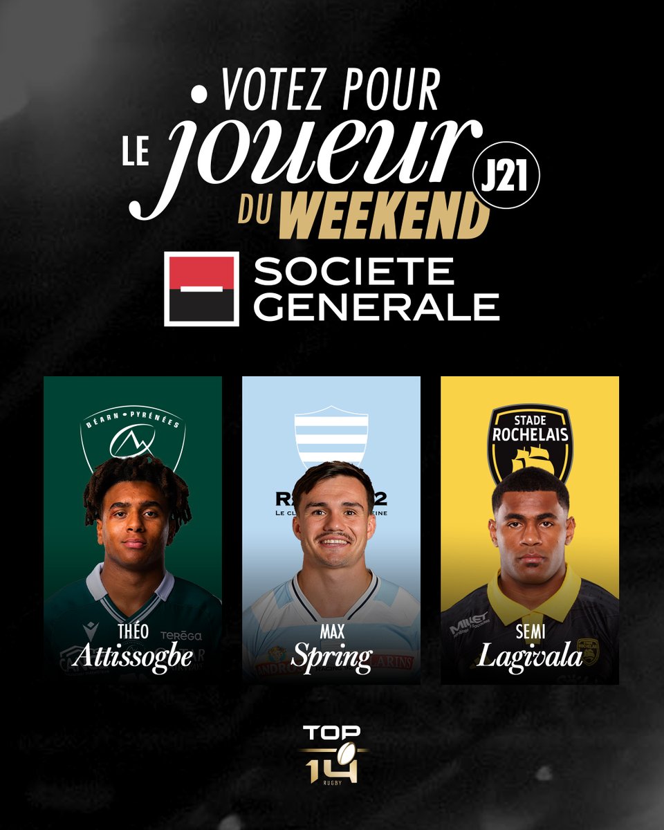 top14rugby's tweet image. Gros week-end de TOP 14, grosses perfs pour ces trois-là 💥

🙋‍♂️ Théo Attissogbe | @SectionPaloise
🙋‍♂️ Max Spring | @racing92
🙋‍♂️ Semi Lagivala | @staderochelais 

Qui mérite le titre de Joueur du Week-end @Paramourdurugby ?

À toi de voter 👇

#TOP14 | #JoueurDuWeekend