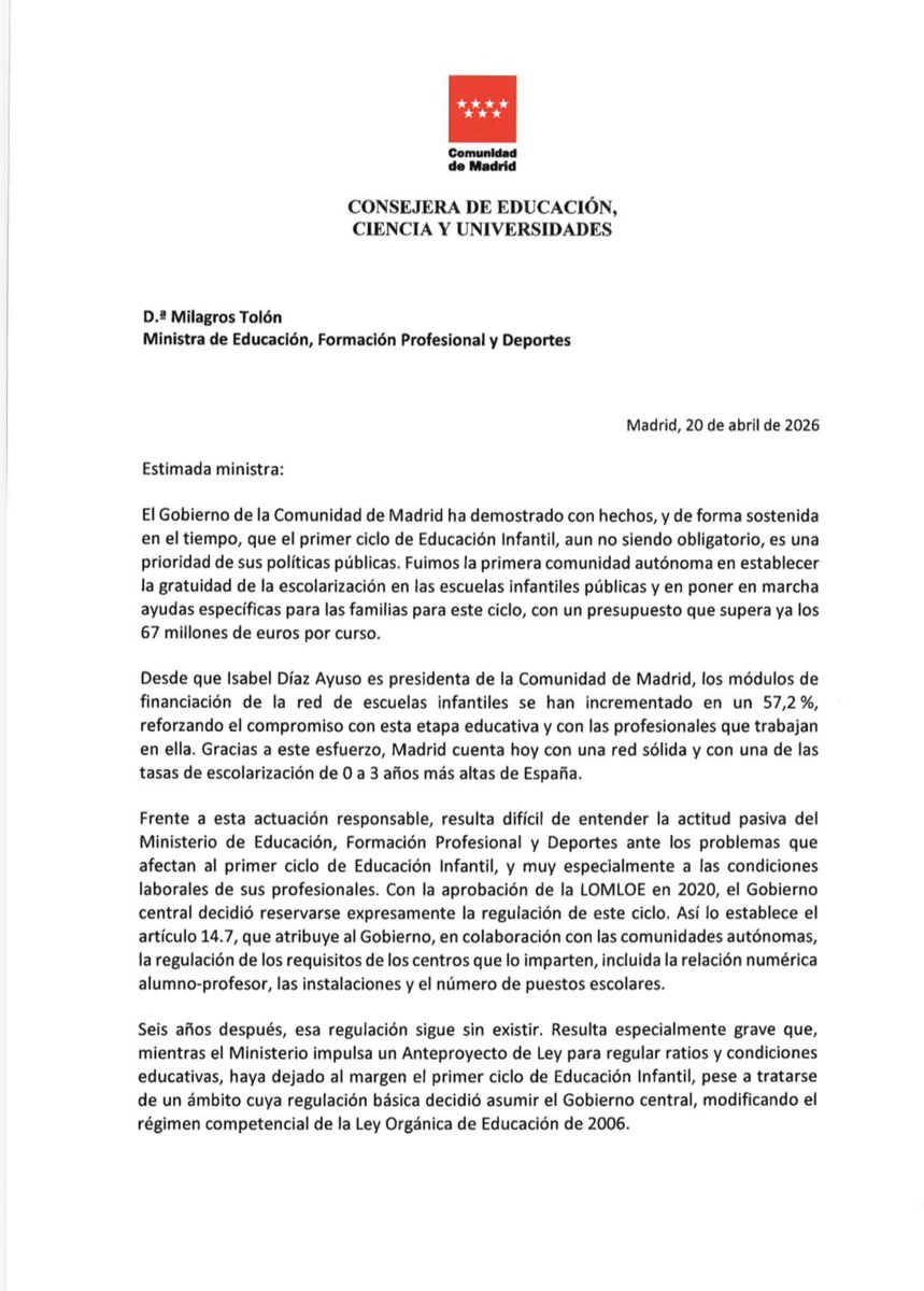 MMZarzalejo's tweet photo. Hoy le he enviado una carta a la ministra Tolón para exigirle que el Ministerio de Educación asuma de una vez las competencias que desde 2020 le atribuye la LOMLOE y regule la rebaja del ratio de alumnos en el primer ciclo de Educación Infantil.

También que convoque a la Conferencia Sectorial para que las comunidades y el Gobierno central podamos trabajar juntos en la mejora de las condiciones de estas profesionales en toda España.
