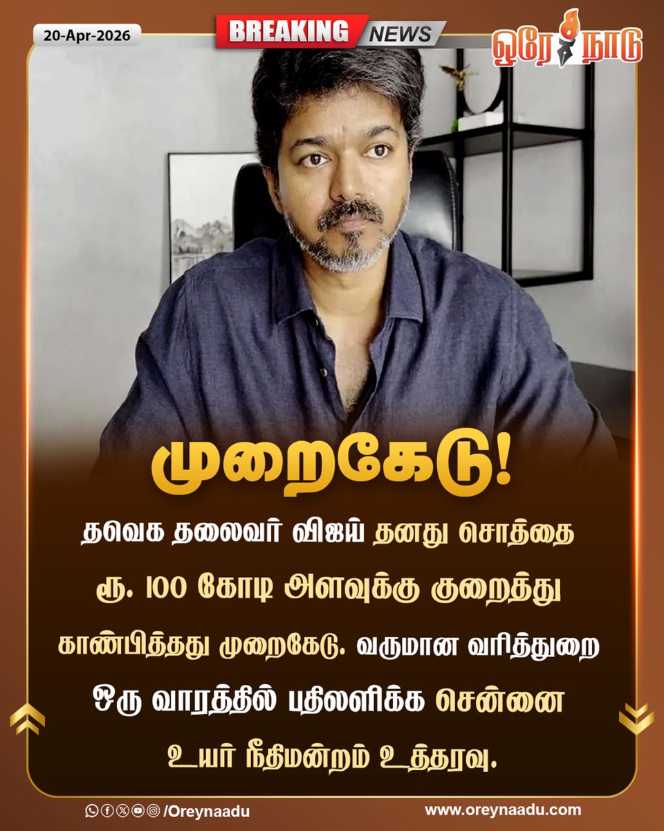oreynaadunews's tweet image. தவெக தலைவர் விஜய் தனது சொத்தை ரூ. 100 கோடி அளவுக்கு குறைத்து காண்பித்தது முறைகேடு. வருமான வரித்துறை ஒரு வாரத்தில் பதிலளிக்க சென்னை உயர் நீதிமன்றம் உத்தரவு.

#TVK | #VijayTVK | #IncomeTax | #Oreynaadu