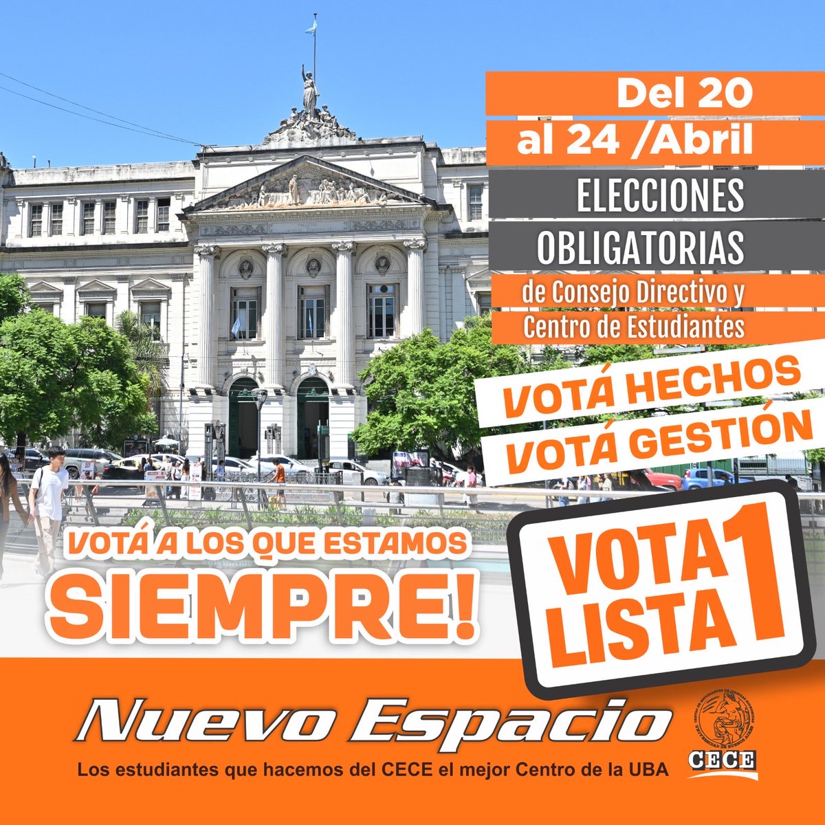 ELECCIONES OBLIGATORIAS DE CONSEJO DIRECTIVO Y CENTRO DE ESTUDIANTES

Del 20 al 24 de Abril acompáñanos con tu voto para seguir construyéndose juntos, la mejor facultad de la UBA.

VOTÁ HECHOS 

VOTÁ GESTIÓN 

VOTÁ LISTA 1 -NUEVO ESPACIO🧡