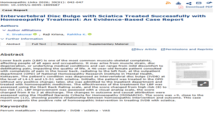 nhrimh's tweet photo. Latest Research Highlights from Nhrimh Kottayam

1.Managing Intervertebral Disc Bulge with  Sciatica: A case report showing how homeopathy helped  a patient with intervertebral disc bulge and sciatica.
 By Dr Sivakumar Kothapalli, Dr Raji RC, Dr Rahitha K

2. Homeopathic Medicines and Nanoparticles: A review explaining how modern research is exploring the presence of ultra-small particles in homeopathic remedies.
By Dr  Arun Krishnan P, Dr Baiju G. Nair.

For reading the publications of Nhrimh Kottayam visit:
https://t.co/X6zTCAP6Z5

Tip: For better reading experience, please switch to Desktop View.
Let’s explore how evidence-based Homoeopathy is contributing to patient care and long-term wellbeing.