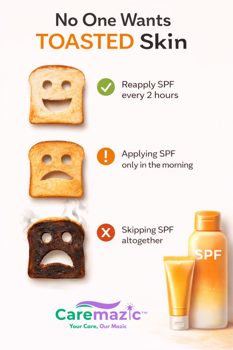 caremazic's tweet image. No one wants TOASTED skin 🍞🔥

✔️ Reapply SPF every 2 hrs
⚠️ Morning only = NOT enough
❌ Skipping SPF = damage

Protect your skin daily ✨

#SPF #SkincareTips #SunProtection #Caremazic