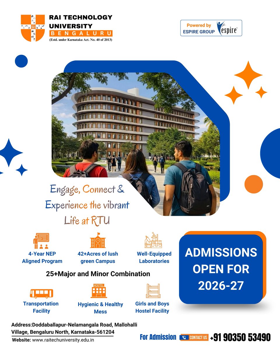Raitechuniver's tweet image. Step into your future at Rai Technology University
Learn, connect, and grow in a vibrant campus life
Admissions Open for 2026-27 - Apply now!

#AdmissionsOpen #RTU #RaiTechnologyUniversity #Bangalore #CampusLife #FutureReady #CollegeLife #Explore #Trending #FYP #ForYou #Viral