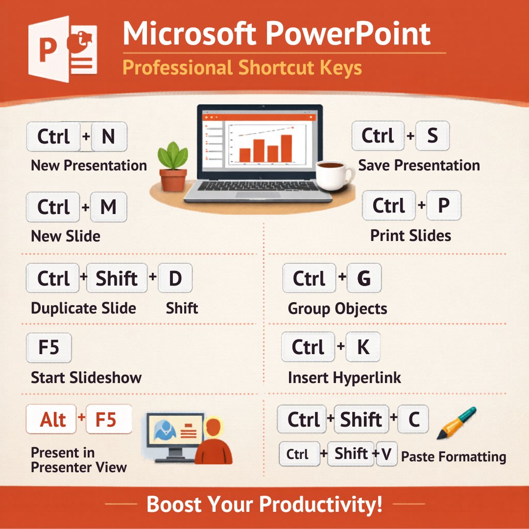 Satish_Dhawale_'s tweet image. Master PowerPoint like a pro! From Ctrl + M for new slides to the lifesaver Ctrl + Shift + C/V for formatting, these shortcuts will save you hours. Stop clicking and start creating! 

#MicrosoftPowerPoint #ProductivityTips #OfficeHacks #WorkSmarter #PresentationSkills