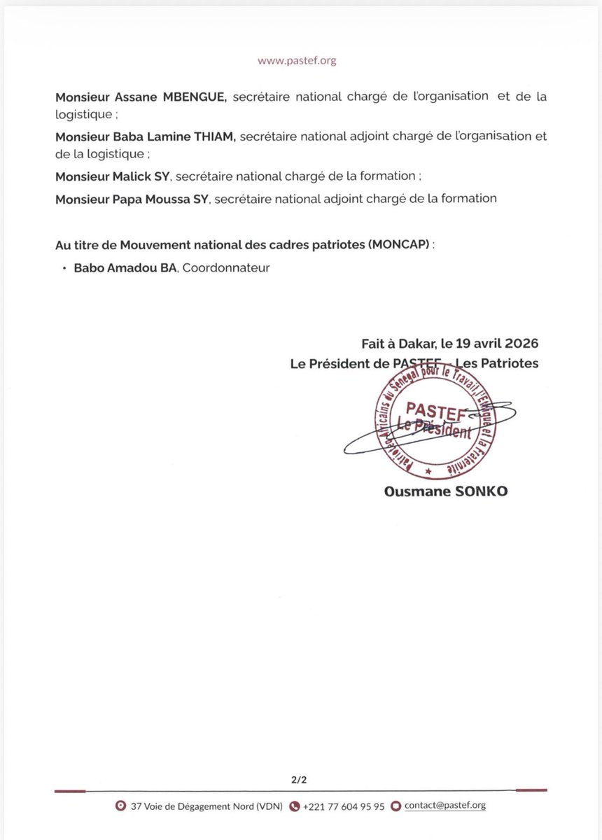 Le président de Pastef, <a href="/SonkoOfficiel/">Ousmane Sonko</a> , procède à de nouvelles nominations au sein des membres du Bureau politique du parti.