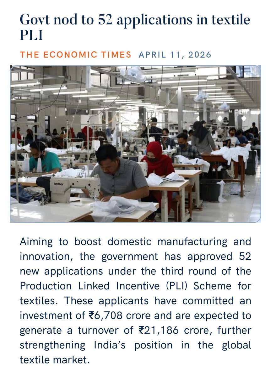 zahidpatka's tweet image. INDIA TO BE GLOBAL TEXTILE MANUFACTURING 
#MakeInIndia for #ViksitBharat 
PM @narendramodi Ji Govt nod to 52 applications in textile PLI
have committed an investment of Rs.6708 cr with an expected turnover of Rs.21,186 cr and Boost Employment 
economictimes.indiatimes.com/industry/cons-…
@PMOIndia