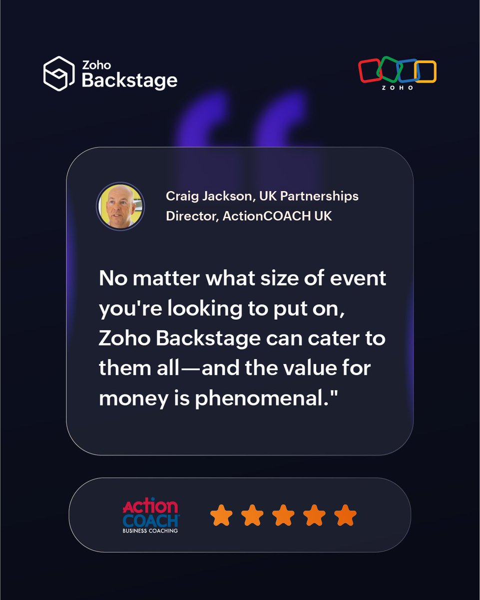 ZohoBackstage's tweet image. 1,100 attendees, 860 app downloads, 12 speakers, and 19 award categories, all on one platform. 

Read how ActionCOACH UK ran BizX on Zoho Backstage 👉 zurl.co/EvLaQ

#ZohoBackstage #EventManagement #EventTech #HybridEvents #CaseStudy