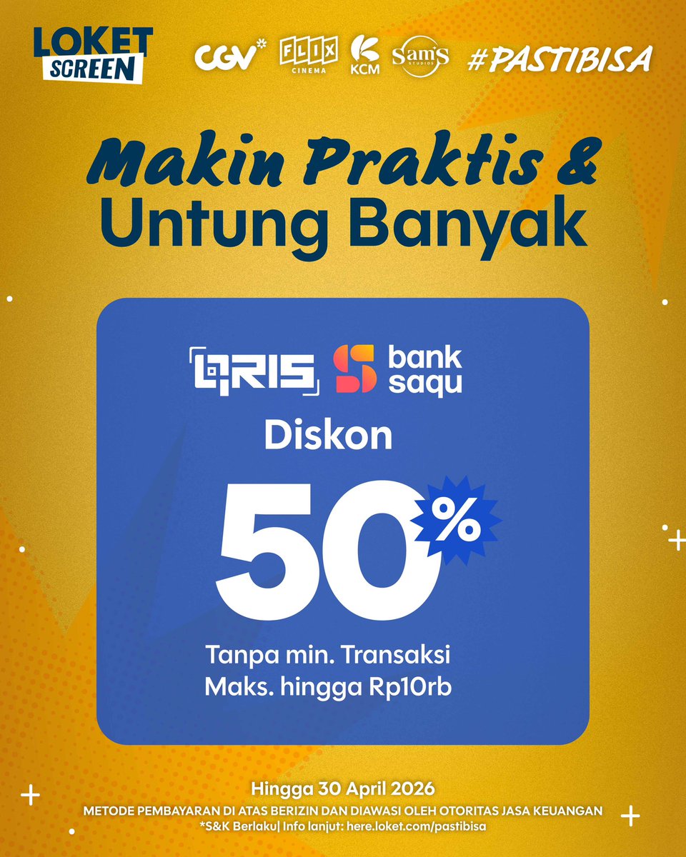 loketscreen's tweet image. #PASTIBISA Dapetin cashback 50% kalau kamu beli tiket nonton pakai QRIS dari @dibantubanksaqu 🎉

Tanpa minimal transaksi kamu bisa dapetin cashback 50% (maks. Rp10rb) jika kamu melakukan transaksi di LOKET Screen pakai QRIS Bank Saqu. Promo ini hanya berlaku sampai dengan