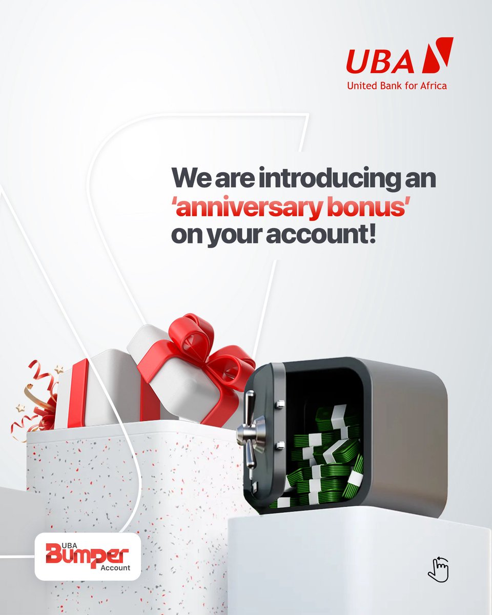 UBANigeriaPlc's tweet photo. A bonus on your account anniversary? Yes, your UBA Bumper account can actually do that! 🎉

And that’s just the beginning… enjoy smooth transactions and extra perks while your money keeps working for you.

Ready to get started?
Dial *919*20# to open your account or *919*20*1# to switch account type in seconds.

#AfricasGlobalBank #ItsAllAboutU