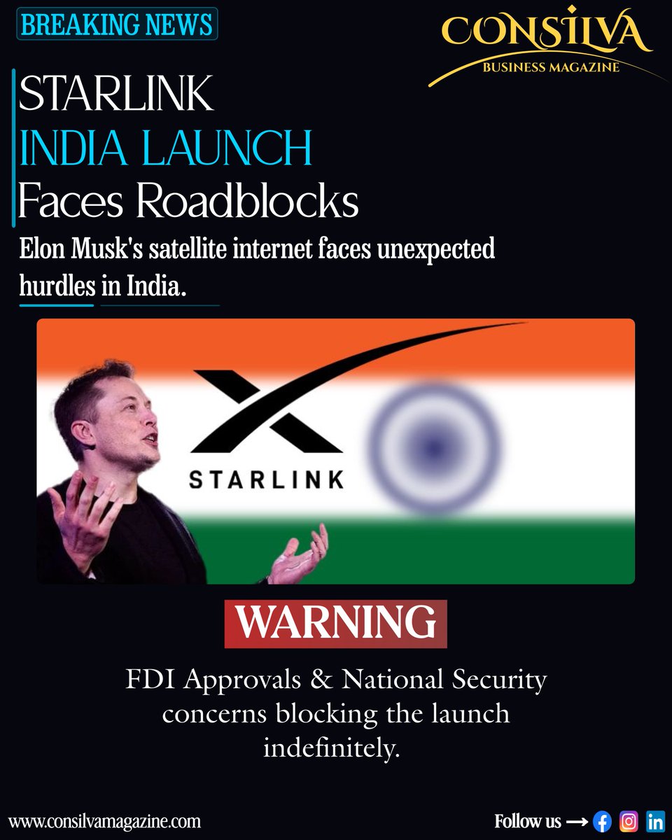 Consilva_'s tweet image. Breaking: Starlink’s India launch hits a roadblock 

FDI approvals &amp;amp; national security concerns are delaying Starlink’s rollout.

Launch timeline uncertain.

Will this slow down India’s internet revolution?

#Starlink #India #TechNews #BreakingNews #ElonMusk