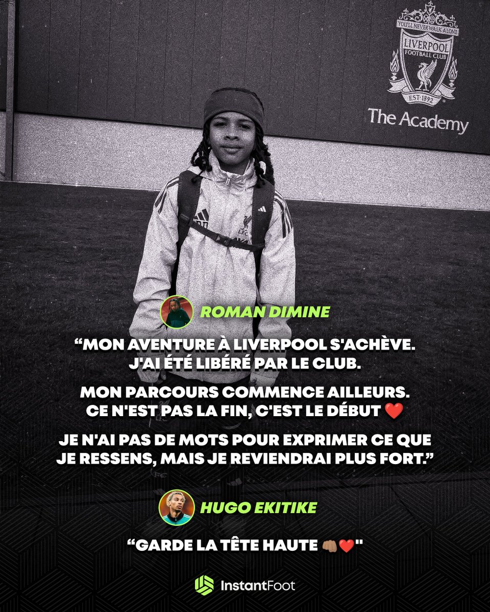 🚨 𝗟𝗔 𝗚𝗥𝗔𝗡𝗗𝗘 𝗖𝗟𝗔𝗦𝗦𝗘. 🥹👏❤️

Hugo Ekitike envoie de la force sur Instagram à Roman Dimine, un jeune non retenu dans le centre de formation de Liverpool. 💔

Il a également reçu de nombreux messages de soutien de la part des supporters des Reds. ❤️