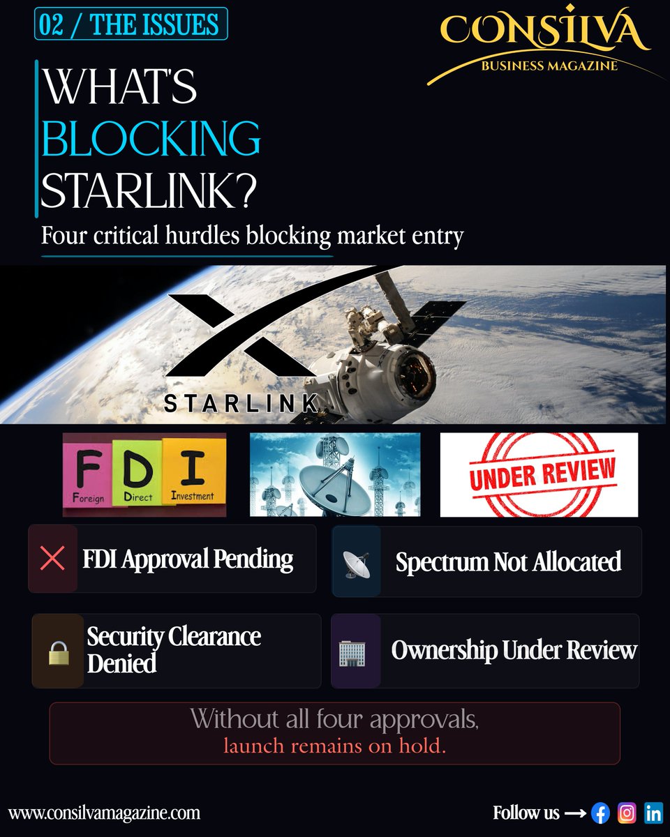 Consilva_'s tweet image. Breaking: Starlink’s India launch hits a roadblock 

FDI approvals &amp;amp; national security concerns are delaying Starlink’s rollout.

Launch timeline uncertain.

Will this slow down India’s internet revolution?

#Starlink #India #TechNews #BreakingNews #ElonMusk