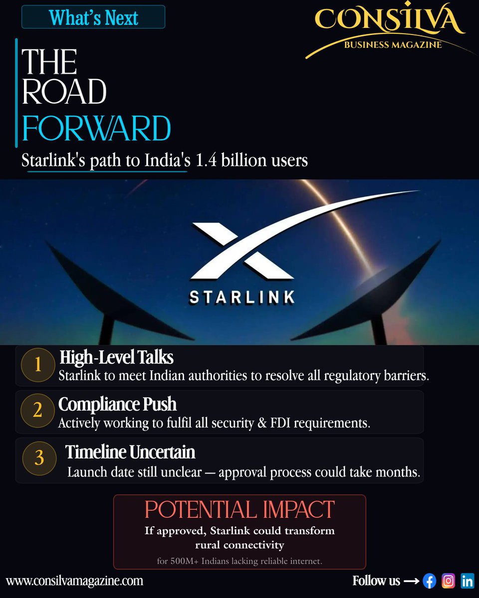 Consilva_'s tweet image. Breaking: Starlink’s India launch hits a roadblock 

FDI approvals &amp;amp; national security concerns are delaying Starlink’s rollout.

Launch timeline uncertain.

Will this slow down India’s internet revolution?

#Starlink #India #TechNews #BreakingNews #ElonMusk