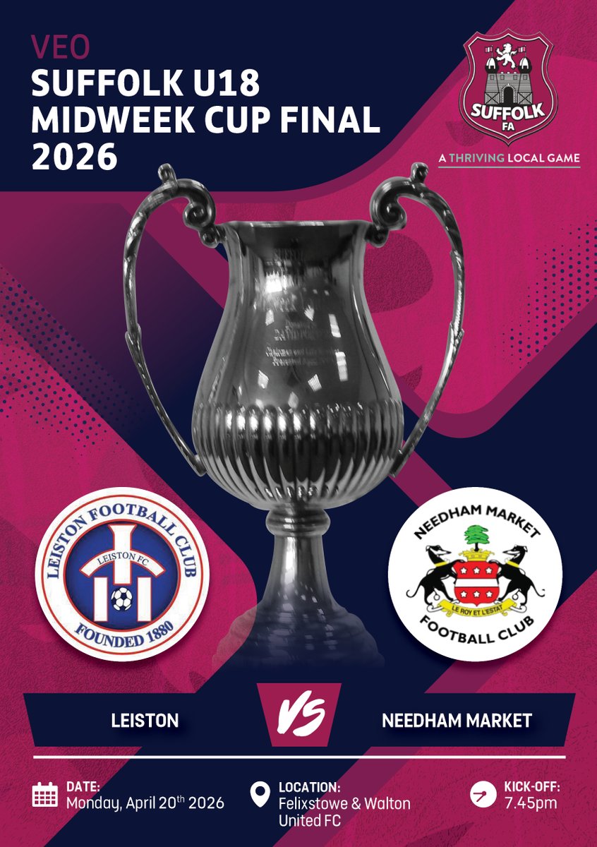 SuffolkFA's tweet photo. IT'S CUP FINAL DAY | It's the Veo Suffolk U18 Midweek Cup Final between @leistonFC_youth and @NMAcademy1 at @Felixseasiders tonight, kick-off 7.45pm.

🚨 SPECTATOR INFORMATION 🚨

🎟️Tickets: £2 for adults, £1 for concessions and free for 12-16-year-olds. Buy your tickets now 👇

https://t.co/L6nmp2p8F6

However, if purchased at the gate using a card the prices will be £4, £2 and £1 respectively.

⌚Gates open 6.30pm
📖Programme: https://t.co/KNcdhgXE7x
🚫No pyrotechnics (flares) of any kind
🚫No alcohol to be brought into the ground
🍔Refreshments available
🗣️Support respectfully

#SFAcountycups
#AThrivingLocalGame
