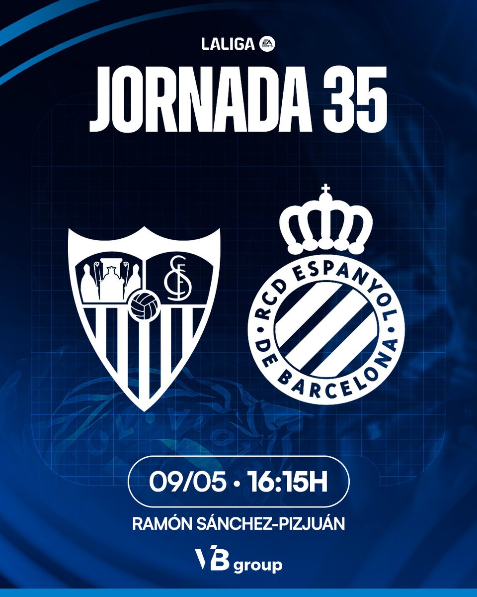 RCDEspanyol's tweet image. ✅ HORARI CONFIRMAT

𝐉𝐎𝐑𝐍𝐀𝐃𝐀 𝟑𝟓
🆚 @SevillaFC 
🗓️ Dissabte 09/05
🕛 16:15h
🏟️ Ramón Sánchez-Pizjuán
#RCDE