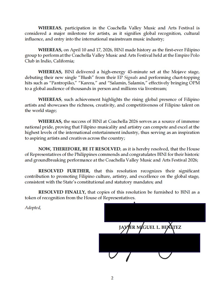 LOOK: A House resolution commending BINI’s historic performance at the Coachella Valley Music and Arts Festival 2026 has been filed in the House of Representatives.

BINI is the first Filipino and Southeast Asian group act to perform at Coachella. | via Llanesca Panti/GMA News