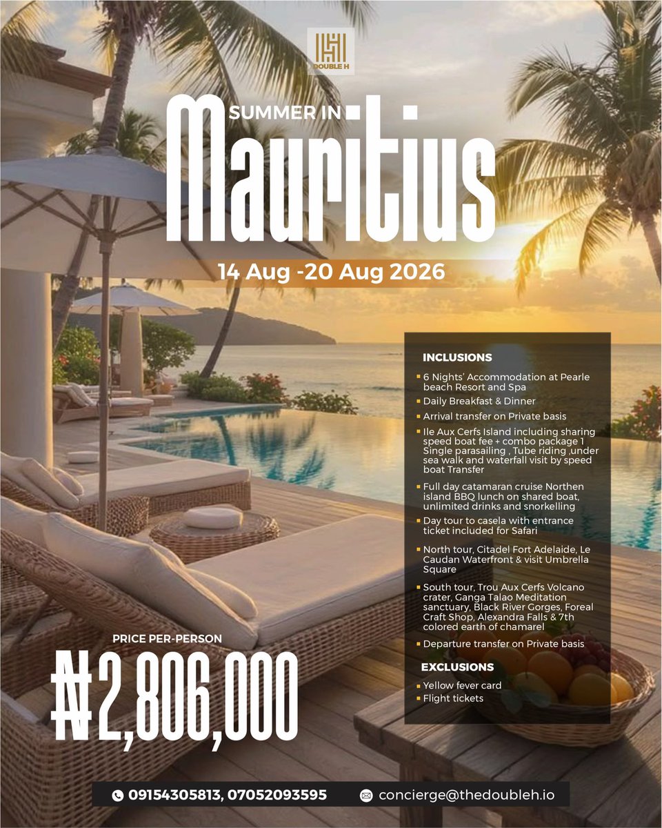 experience_DH's tweet image. Mauritius in the summer just hits differently 🌴

6 nights of ocean views, island adventures, sunsets, and pure relaxation.

August 14 – 20, 2026
₦2,806,000 per person

Call/WhatsApp: 07052093595, 09154305813
Email: concierge@thedoubleh.io 

#summervibe #summertravel #summer