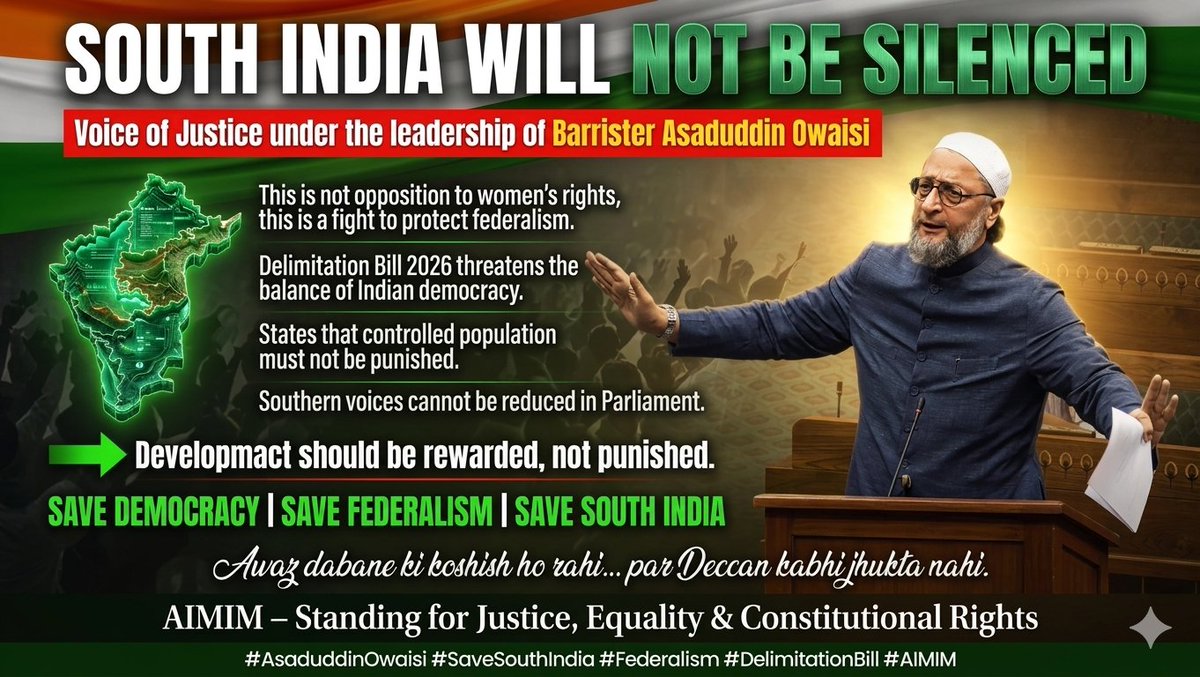 South India is not a second-class territory. 🇮🇳
​We controlled population, boosted literacy, and built the economy. Why is the 2026 Delimitation Bill punishing our success?
​Representation must be based on contribution, not just numbers. #SaveSouthIndia
​#DelimitationBill