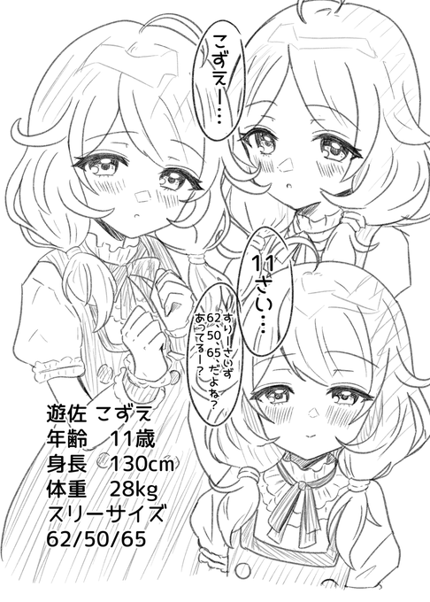 お題・遊佐 こずえ、年齢11歳、身長130cm、体重28kg。スリーサイズ62/50/65
#デレマス版深夜の真剣お絵かき60分1本勝負 