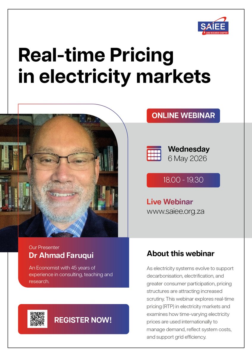 SAIEE's tweet photo. Join the SAIEE Load Research Chapter in their upcoming webinar on the 6th of May at 18h00, where they will be discussing Real-time Pricing in Electricity Markets. Click here to register; it is free to join: https://t.co/8K5so5Dygt
#loadresearch #electricity #electricalengineering https://t.co/1cQtEqqA04