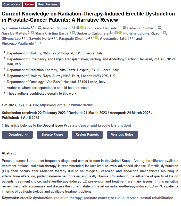 UroMdpi's tweet image. 📢 #HighlyCited

Current Knowledge on Radiation-Therapy-Induced Erectile Dysfunction in Prostate Cancer Patients

👥 Connie Labate et al.

🏥 “Vito Fazzi” Hospital (Italy) | University of Bari (Italy) 
👉 brnw.ch/21x1KBU

#Urology #Oncology #ProstateCancer #MensHealth