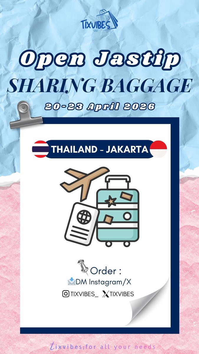 [Help RT]

Open Jastip &amp; Handcarry / Sharing Bagasi Bangkok Thailand 🇹🇭

📆  20 April - 23 April 2026
✅ Baju, Makeup, Skincare, Snack, Obat obatan dll
📍 Bogor
yg mau bisa dm, jgn lupa mention after dm

tags, jastip hc sharing bagasi bkk cgk bangkok jakarta handcarry thailand