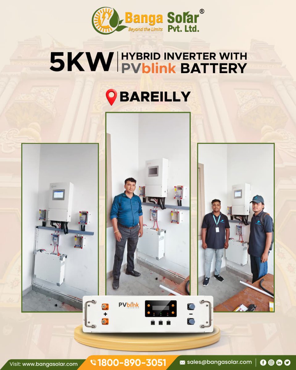 BangaLtd's tweet image. Smart energy meets reliable performance⚡

This 5kW #Solis #HybridInverter with #PVblink #Batteryinstallation in #Bareilly delivers seamless backup, efficient energy management, and dependable performance.

📞1800-890-3051
🌐bangasolar.com

#bangasolar #cleanenergy