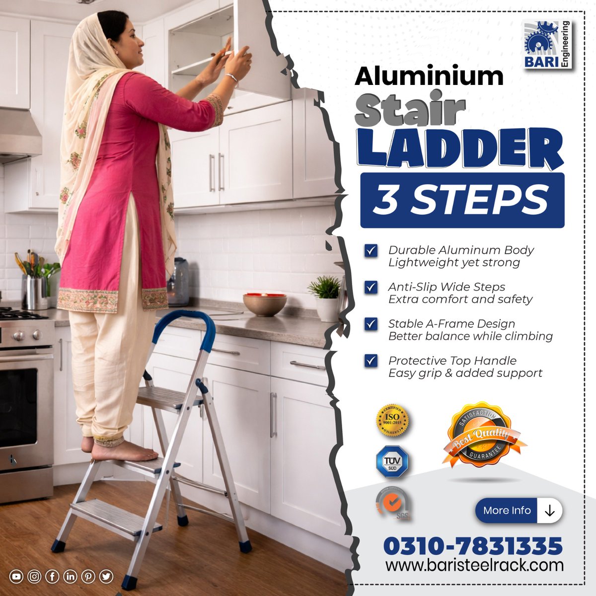 BariEngineering's tweet image. 𝐁𝐚𝐫𝐢 𝐄𝐧𝐠𝐢𝐧𝐞𝐞𝐫𝐢𝐧𝐠 sells Aluminium Stair Ladder 3 Steps made with strong aluminium for safe climbing in homes, libraries, and retail stores. Lightweight, durable, and easy to store for everyday use.

#aluminiumladder
#stepladder
#homeladder
#bariengineering