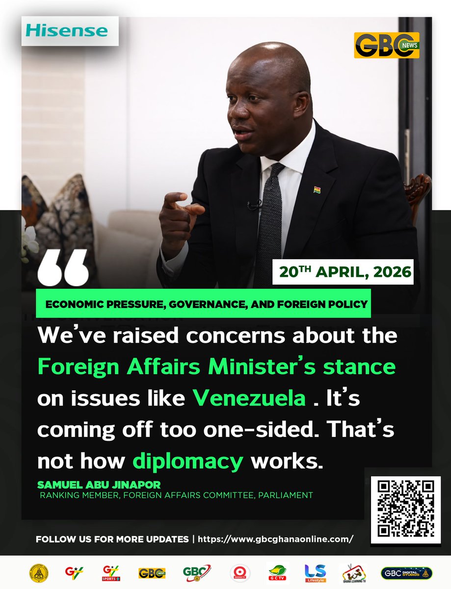 GTV_Ghana's tweet image. Samuel Abu Jinapor, Ranking Member of the Foreign Affairs Committee, critiques the Foreign Affairs Minister's stance on Venezuela, calling it "too one-sided" and stating, "That’s not how diplomacy works."

#ForeignPolicy #Diplomacy #GBCNews
