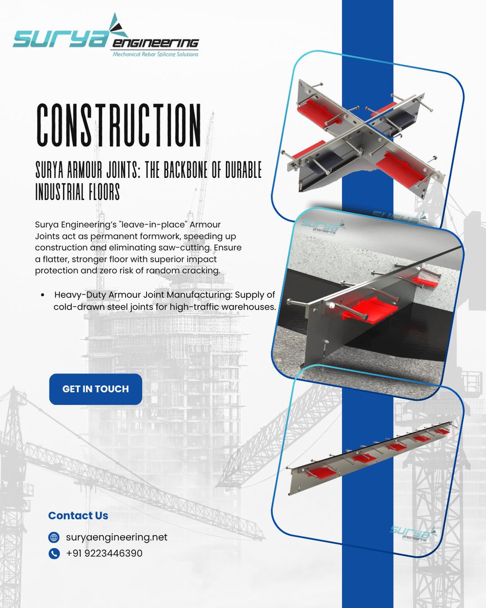 suryaengineers7's tweet image. Surya Engineering’s 'leave-in-place' Armour Joints act as permanent formwork, speeding up construction and eliminating the need for saw-cutting.
#IndustrialFlooring #CivilEngineering #WarehouseDesign #ConstructionTips #ConcreteSlab #ArmourJoints #BuildingMaterials