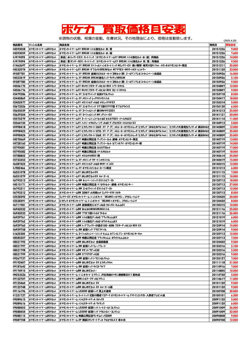 surugayahyogo's tweet image. ✨📢買取情報✨
#ポケモンカード 
#ポケカ 
#BOX
⚡️一例はこちら⚡️

ぜひお売りください😆😆
ご来店お待ちしております‼️😄

（※現物の状態、相場の変動、在庫状況、その他の理由により、価格は変動致します。ご了承お願いします🙇）
#駿河屋兵庫トレカ館買取