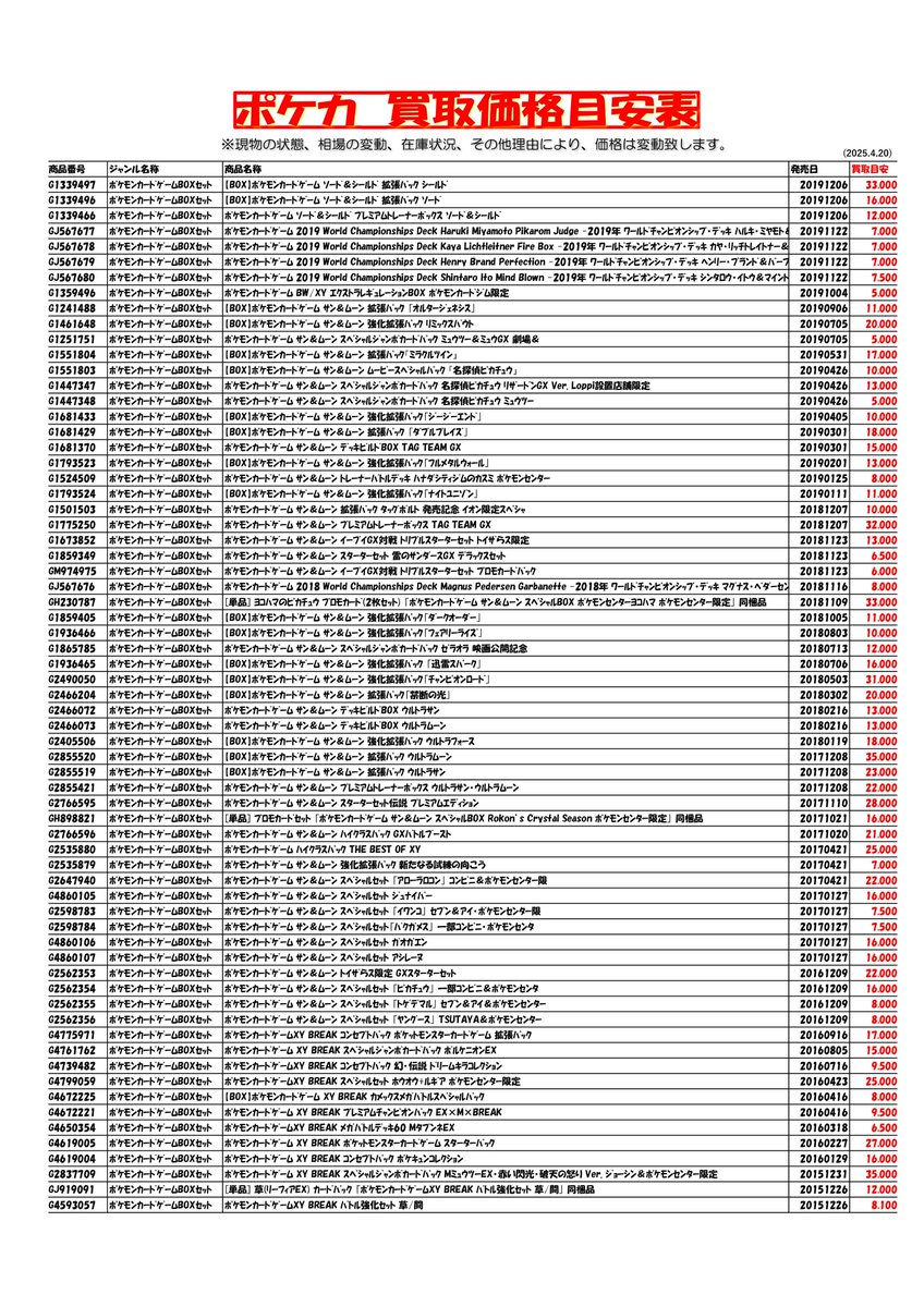 surugayahyogo's tweet image. ✨📢買取情報✨
#ポケモンカード 
#ポケカ 
#BOX
⚡️一例はこちら⚡️

ぜひお売りください😆😆
ご来店お待ちしております‼️😄

（※現物の状態、相場の変動、在庫状況、その他の理由により、価格は変動致します。ご了承お願いします🙇）
#駿河屋兵庫トレカ館買取