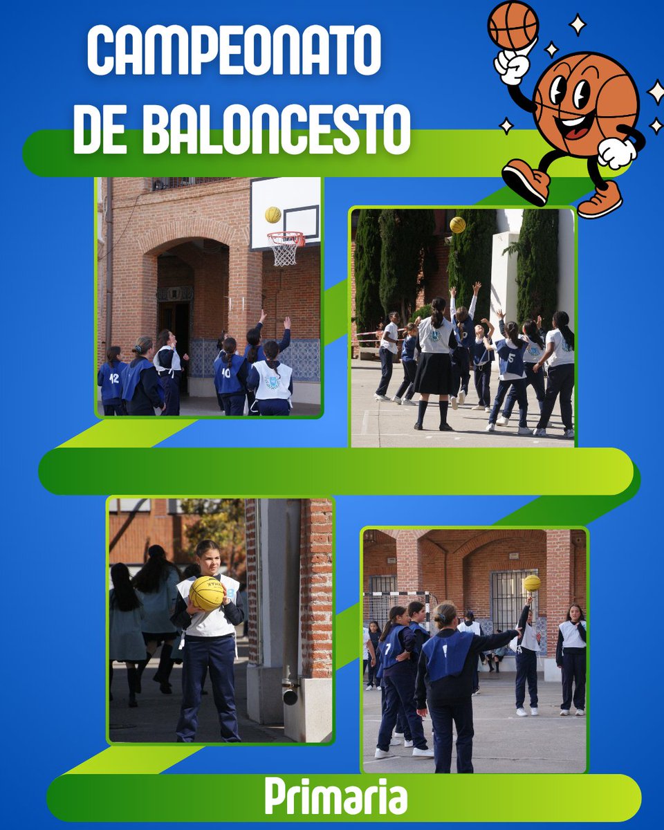 Las alumnas de Primaria están participando en un reñido torneo de baloncesto durante el recreo. Las clases se van enfrentando según los turnos que les ha tocado en sorteo, con gran expectación entre el público más pequeño.