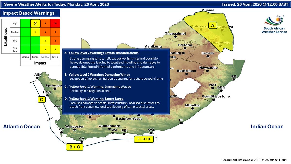 SAWeatherServic's tweet image. Weather forecast for today and tomorrow, 20-21 April 2026:
Partly cloudy and cool to warm with isolated to scattered showers and thundershowers but widespread in the north-east⚠️Severe thunderstorms, storm surge, damaging winds and waves
#saws #SAWeather #Warning