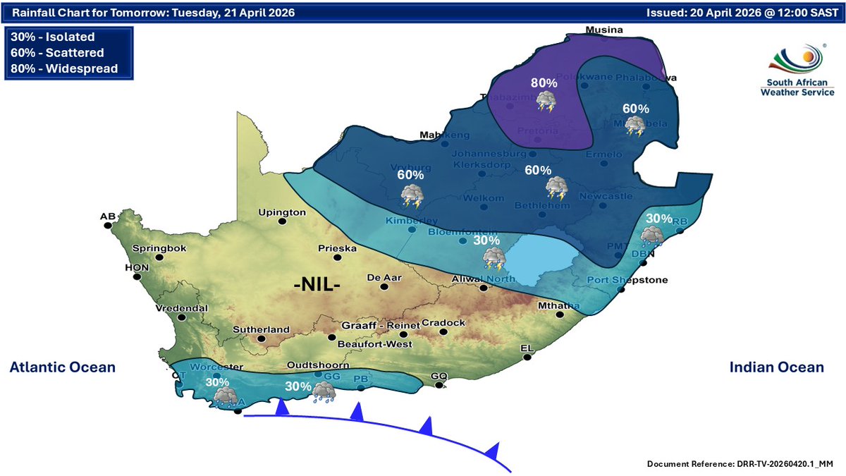 SAWeatherServic's tweet image. Weather forecast for today and tomorrow, 20-21 April 2026:
Partly cloudy and cool to warm with isolated to scattered showers and thundershowers but widespread in the north-east⚠️Severe thunderstorms, storm surge, damaging winds and waves
#saws #SAWeather #Warning