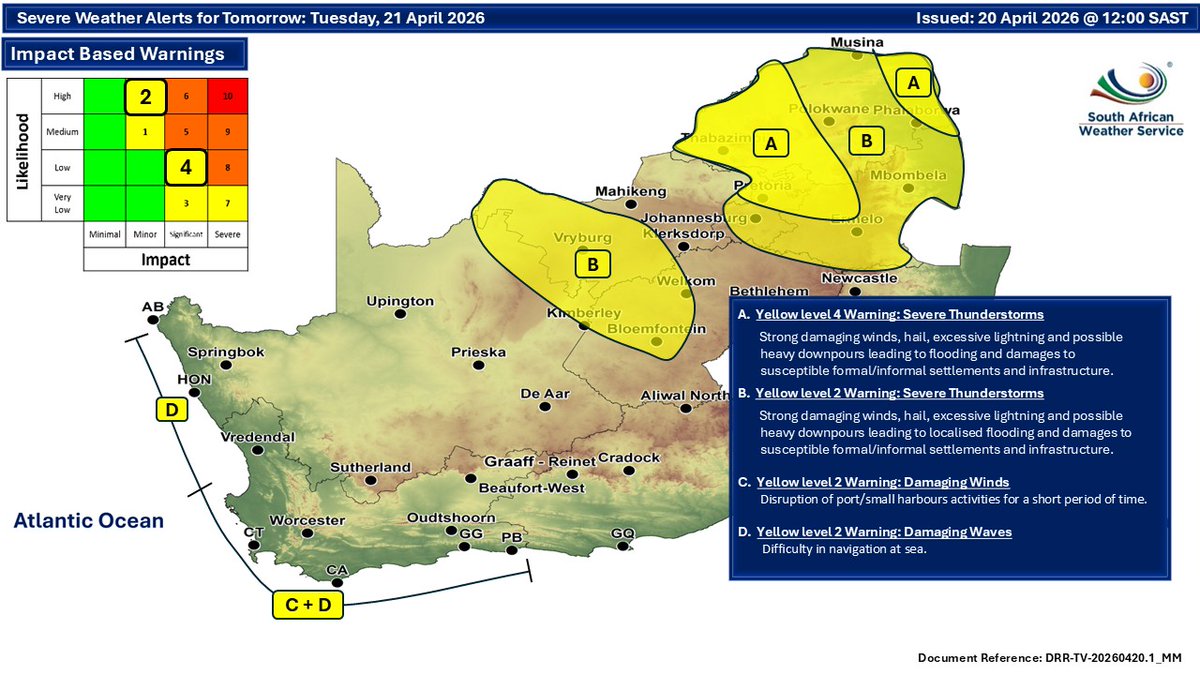 SAWeatherServic's tweet image. Weather forecast for today and tomorrow, 20-21 April 2026:
Partly cloudy and cool to warm with isolated to scattered showers and thundershowers but widespread in the north-east⚠️Severe thunderstorms, storm surge, damaging winds and waves
#saws #SAWeather #Warning