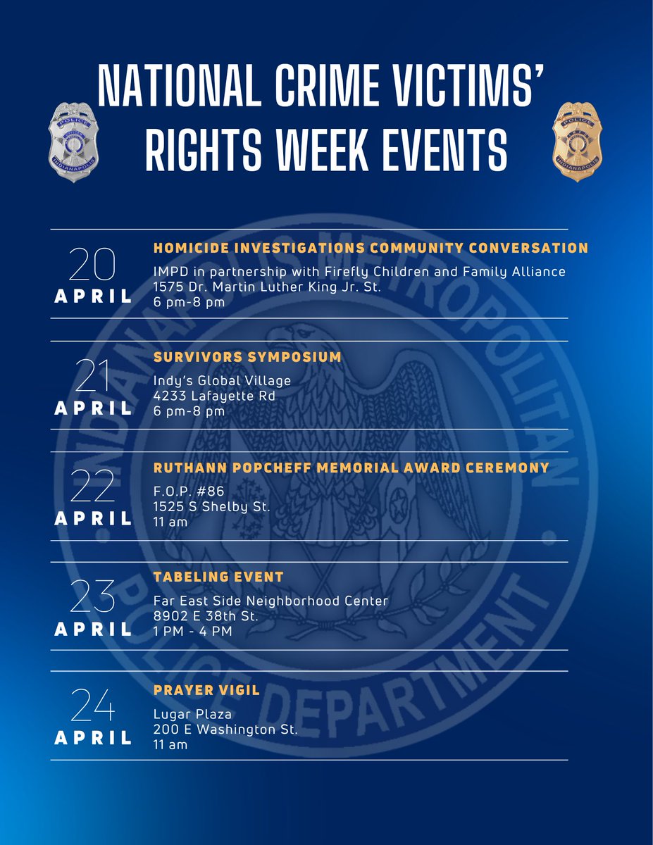 IMPD_DCAdams's tweet photo. During National Crime Victims’ Rights Week, we stand with survivors and families whose lives have been impacted by crime. Your voice matters, your story matters, and you deserve justice, support, and dignity—every day, not just this week. #NCVRW https://t.co/7LRg0CeSdf