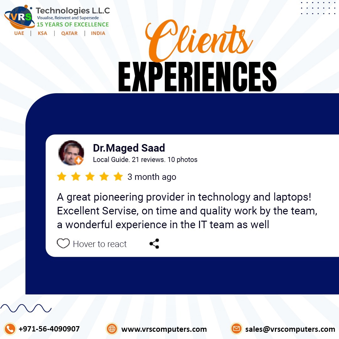 vrstechnologies's tweet image. We’re happy to see another happy client’s feedback 😊
Thank you, Dr. Maged Saad, for your kind words 🙏
#VRSTechnologiesLLC always delivers:
 ✔️ On-time service ⏱️
 ✔️ High-quality IT solutions 💻
 ✔️ Reliable rentals across UAE 🌍

#ClientFeedback #HappyClient #customerreview