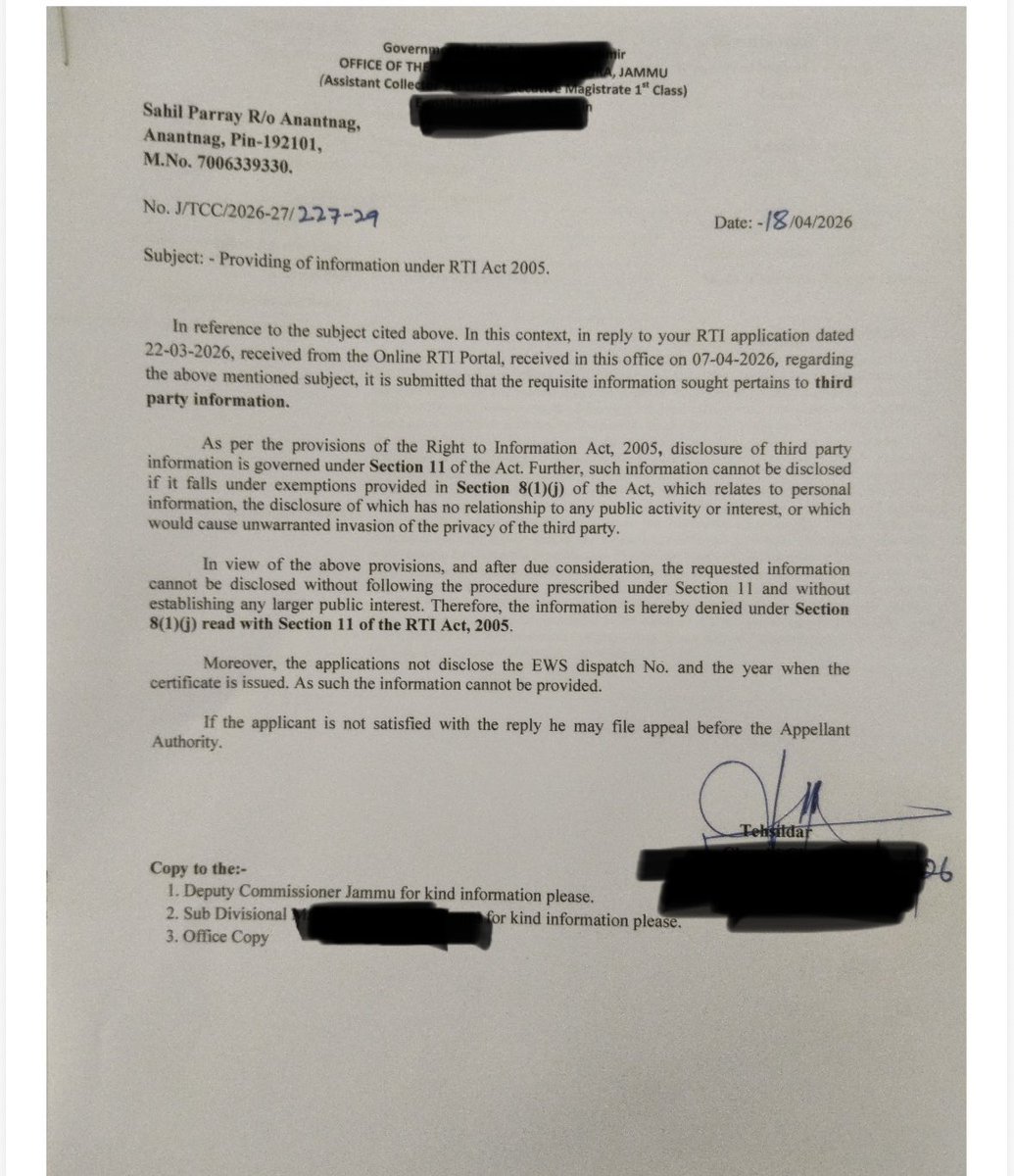 iamsahilparray's tweet photo. Exposed a shocking case. An already employed govt official who is drawing a good salary  used an EWS certificate to secure selection in the recently declared JKAS results so I filed an RTI to bring the truth out.

What did the administration do?
Kept me waiting deliberately till the 28th day. Then denied information calling it third party under Sec 8(1)(j). Even claimed details not available to avoid accountability. This is not governance. This is institutional protection of fraud.
EWS was meant for the genuinely poor. Today it is being hijacked by the already privileged while hardworking, deserving candidates are pushed out. When the system shields fraudsters and silences transparency, it sends a dangerous message. Rules are only for the honest, not the powerful. If this is how recruitment is conducted, then what faith should the youth have left in the system?
@khurpenchh @Gaamuk @JKACB