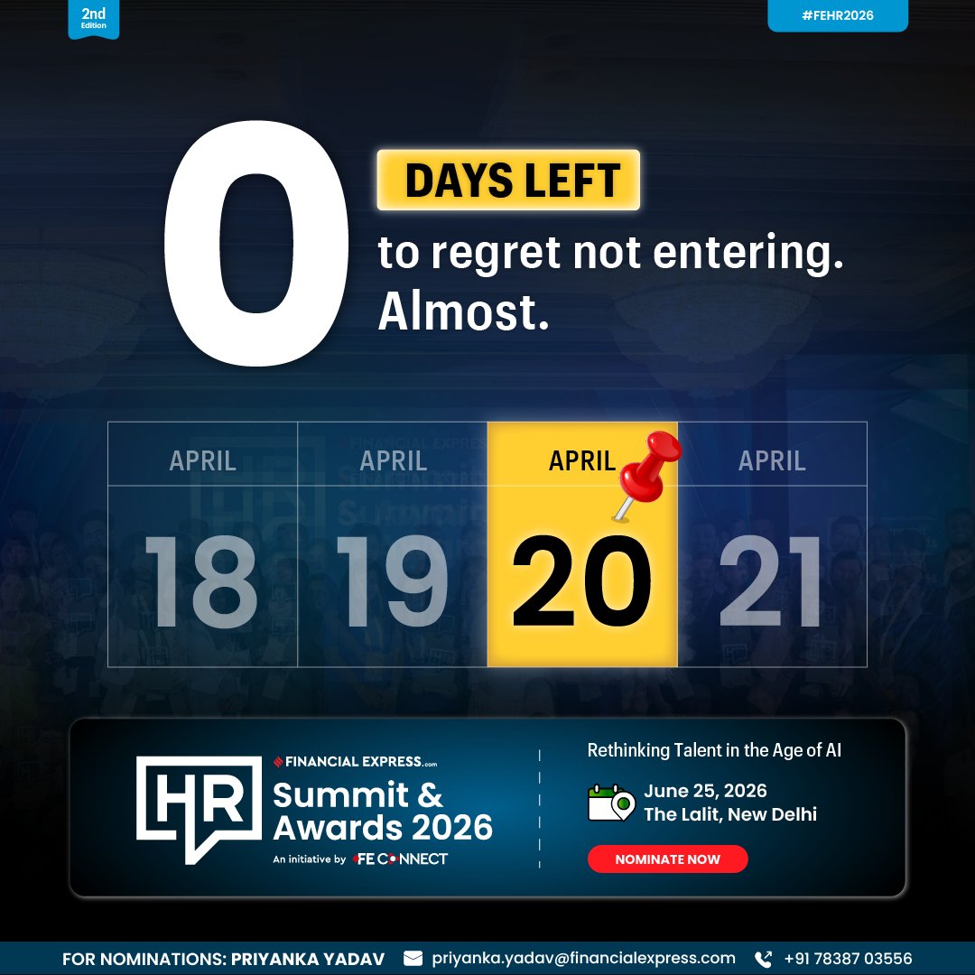 FE_Connect's tweet image. 🕛0 days left to ignore it.
Almost.
The window to nominate for the FE HR Awards 2026 is about to shut.

📅 Deadline: April 20
June 25, 2026 | The Lalit, New Delhi
Nominate now: inexp.in/n3rf5z

#FEHR2026 #HRAwards #LastCall #HRLeaders #FutureOfWork #Leadership