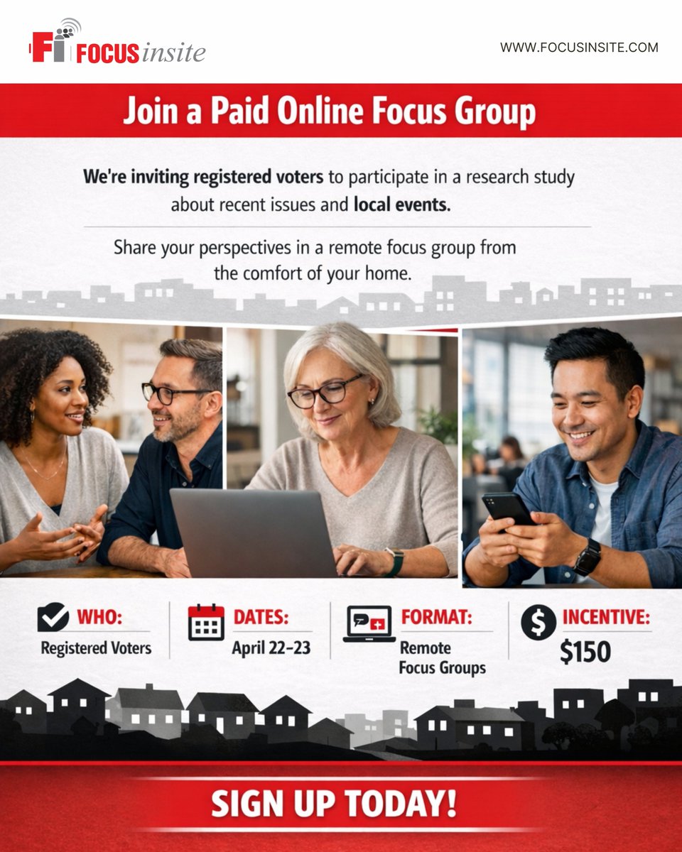 focusinsite's tweet image. We’re currently recruiting participants across the U.S. for a paid online focus group about current issues and perspectives.

Interested in participating?

Apply here: apply.focusinsite.com/s/26-150-Voter…

#PaidStudy #MarketResearch #FocusGroup #PaidOpportunity #RemoteStudy #USA