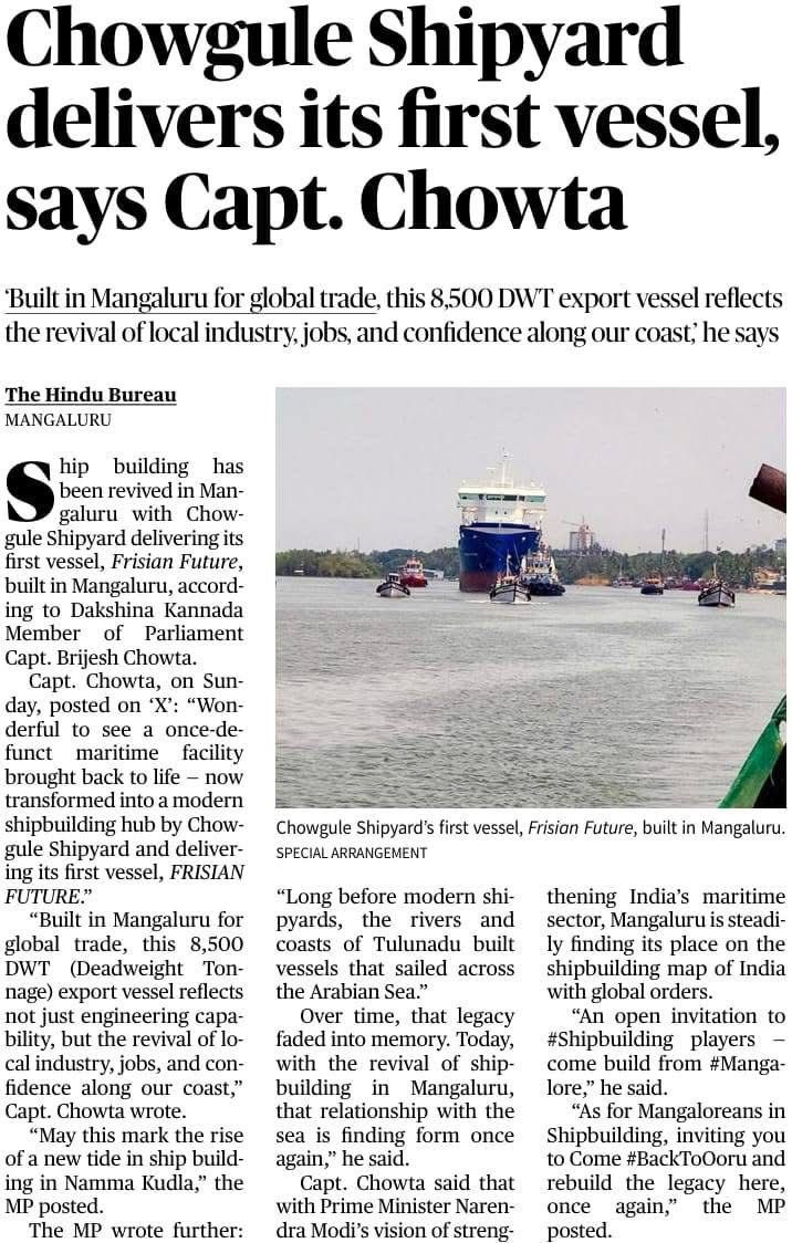 CaptBrijesh's tweet image. Glad to see Mangaluru’s #Shipbuilding revival being noted. 

From a once-defunct facility to delivering an export-ready vessel, this is a strong step towards rebuilding our coastal industrial ecosystem &amp;amp; a reminder of what focused policy, private investment, and local potential