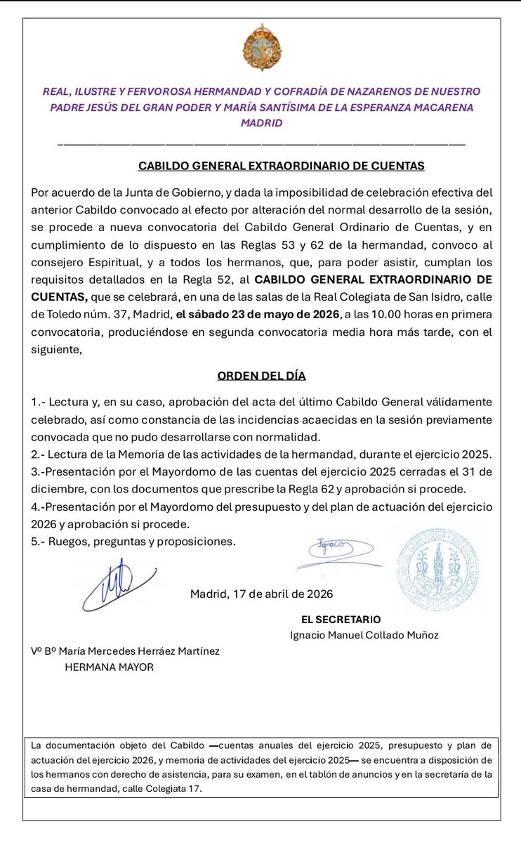 ⚪️ CONVOCATORIA CABILDOS GENERAL EXTRAORDINARIO DE CUENTAS ⚪️

Queridos hermanos,

Se ha remitido a vuestro domicilio la convocatoria para la celebración del Cabildo General Extraordinario de Cuentas.